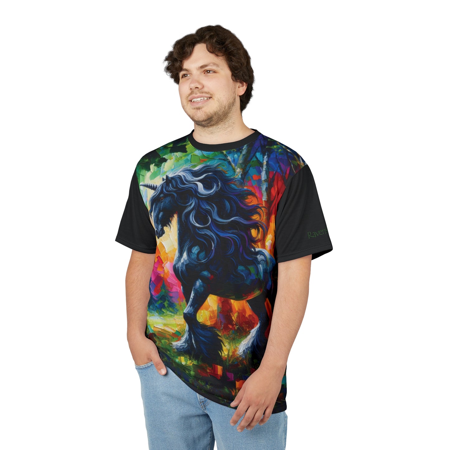 Elegant Black Stallion Unicorn Art Tee | Colorful Unisex Cut & Sew T-Shirt, Wildlife Apparel, Unique Graphic Tee