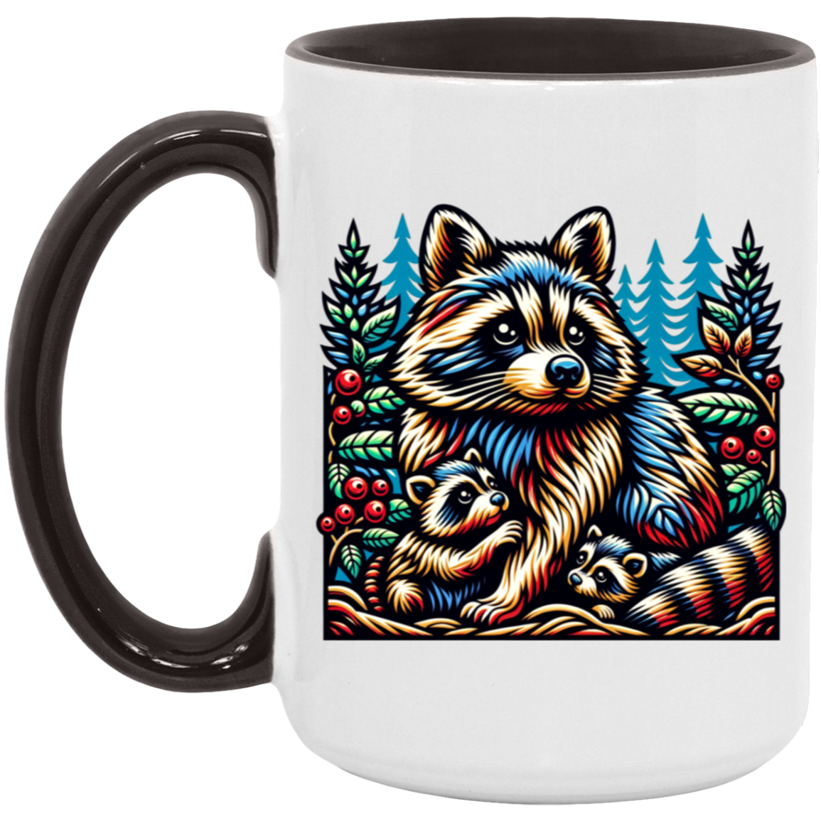 Woodcut Raccoon and Kits Mugs