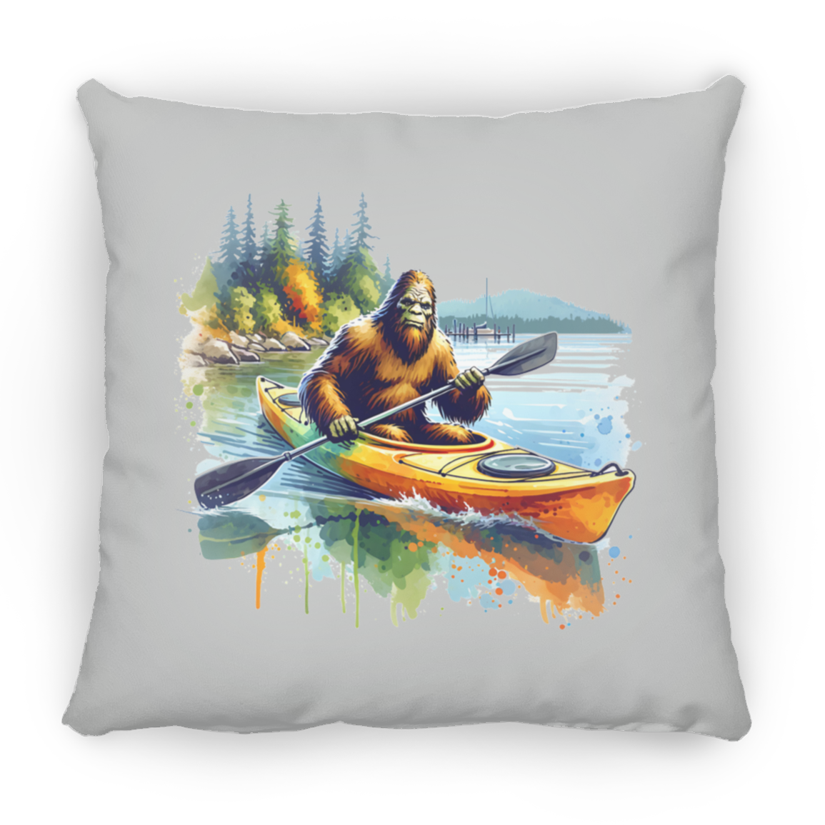 Sasquatch in Kayak Throw Pillows