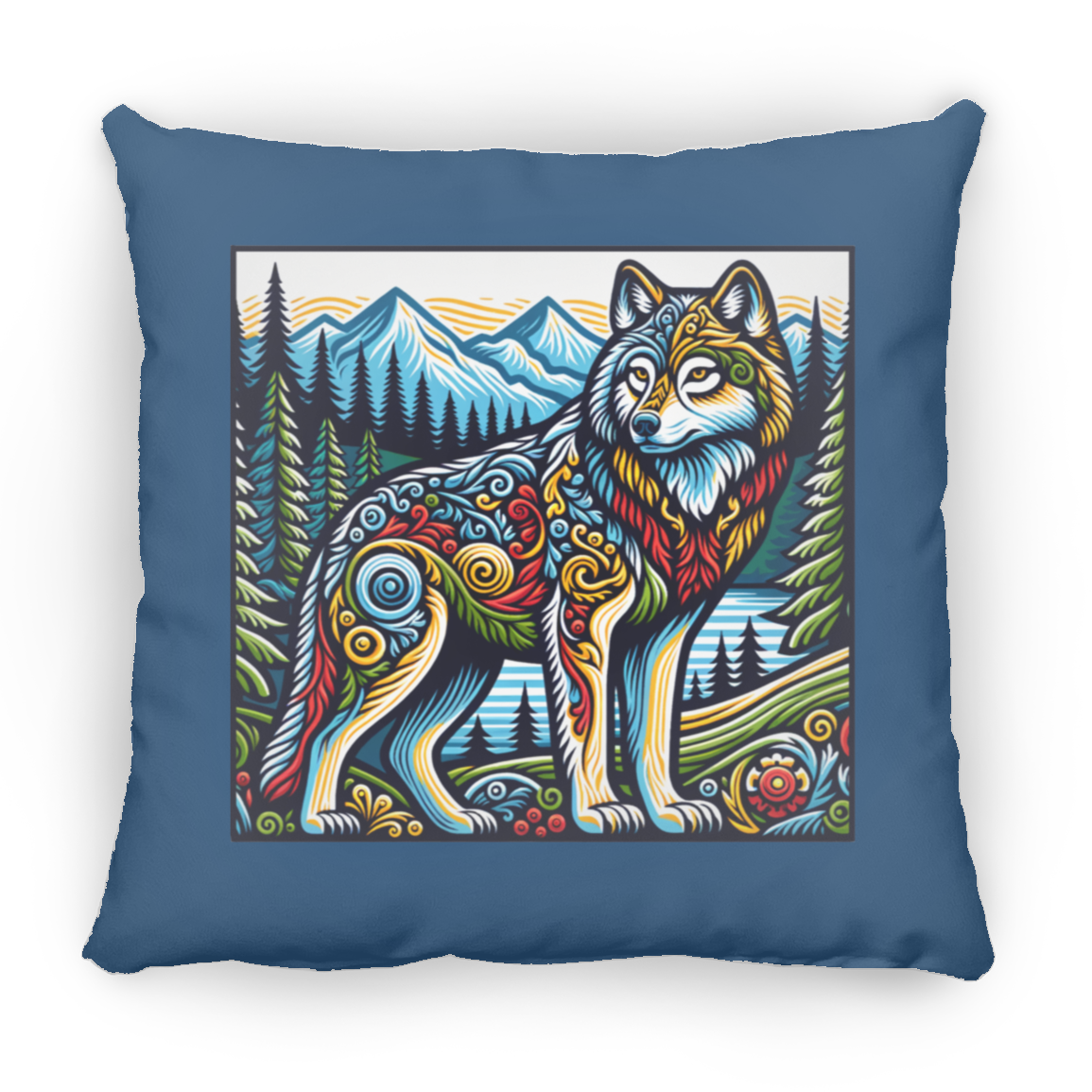 Folk Art Wolf - Throw Pillows