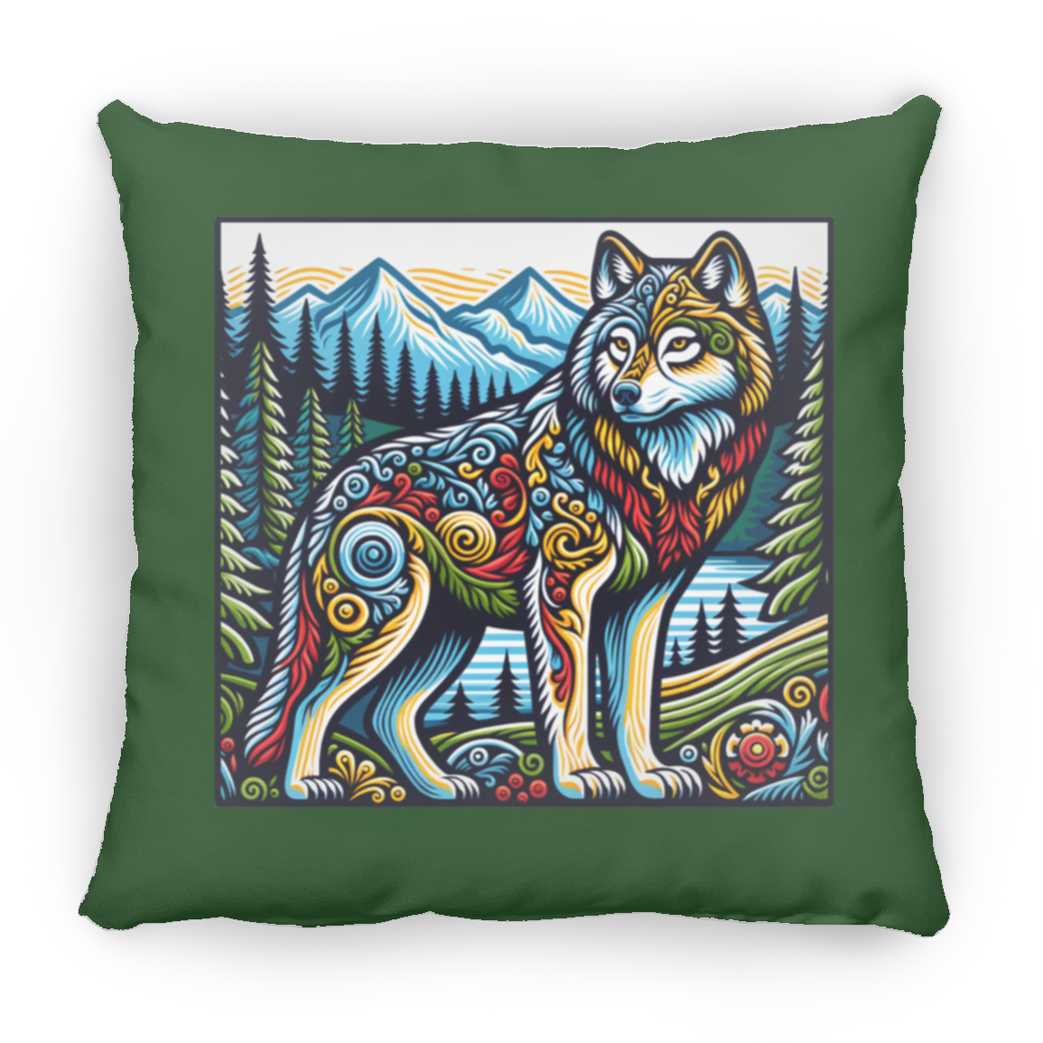 Folk Art Wolf - Throw Pillows