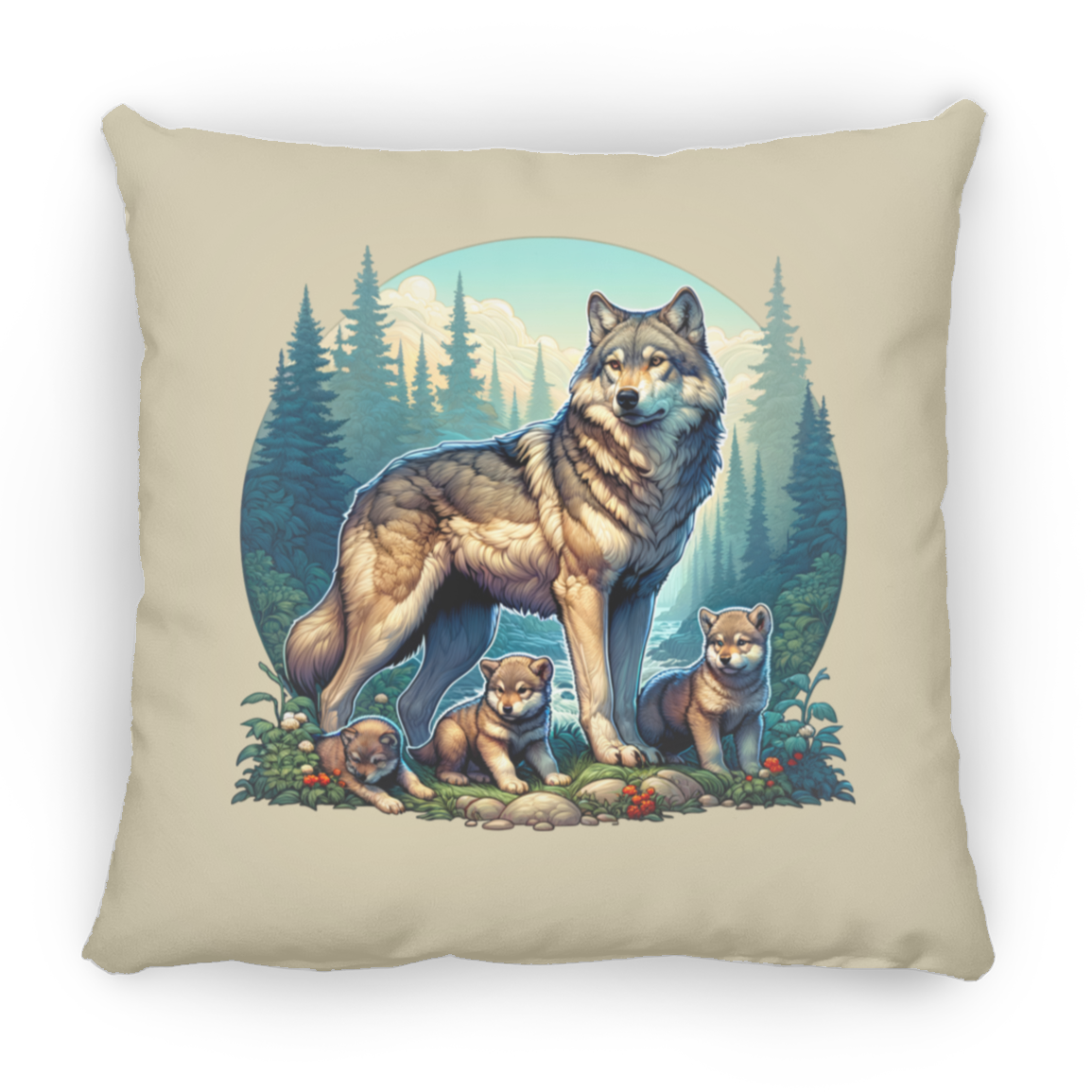 Wolf with 3 Pups - Throw Pillows