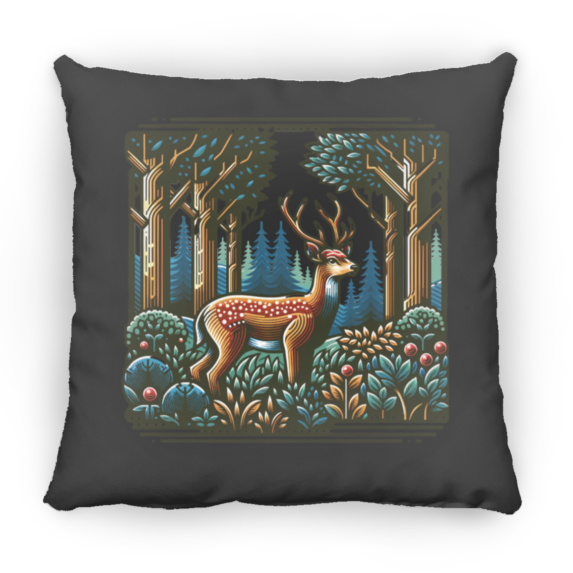Deer in Forest Block Print - Throw Pillows