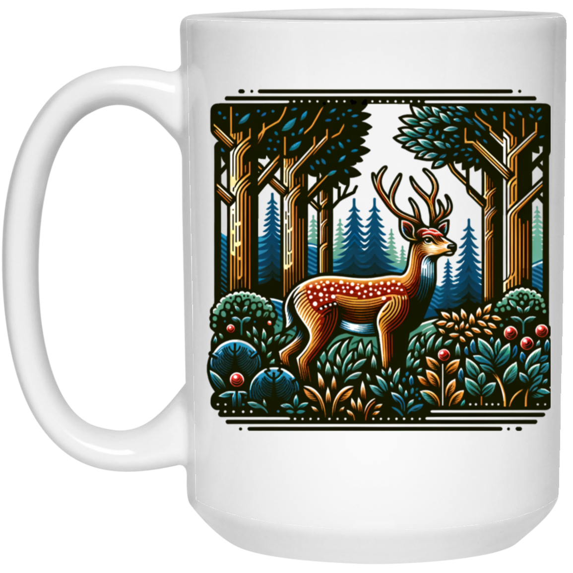 Deer in Forest Block Print - Mugs