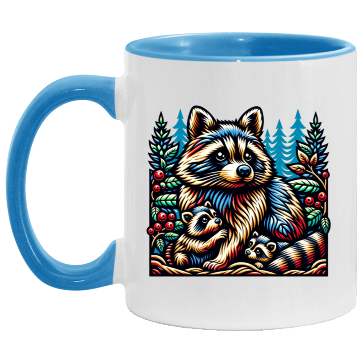 Woodcut Raccoon and Kits Mugs