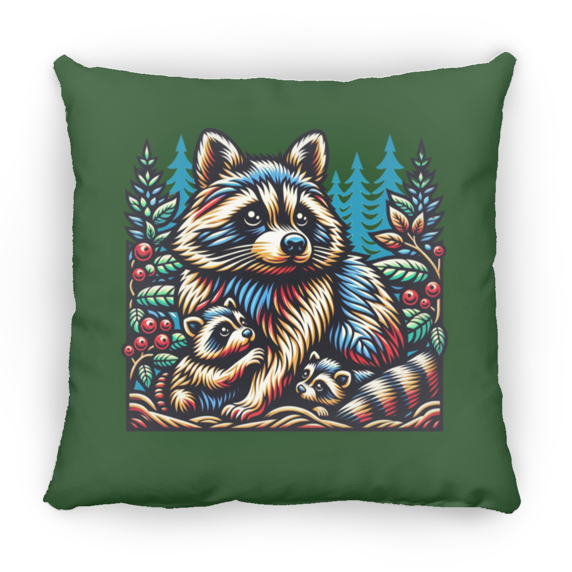 Woodcut Raccoon and Kits - Throw Pillows