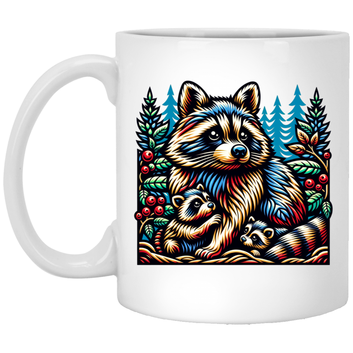 Woodcut Raccoon and Kits Mugs