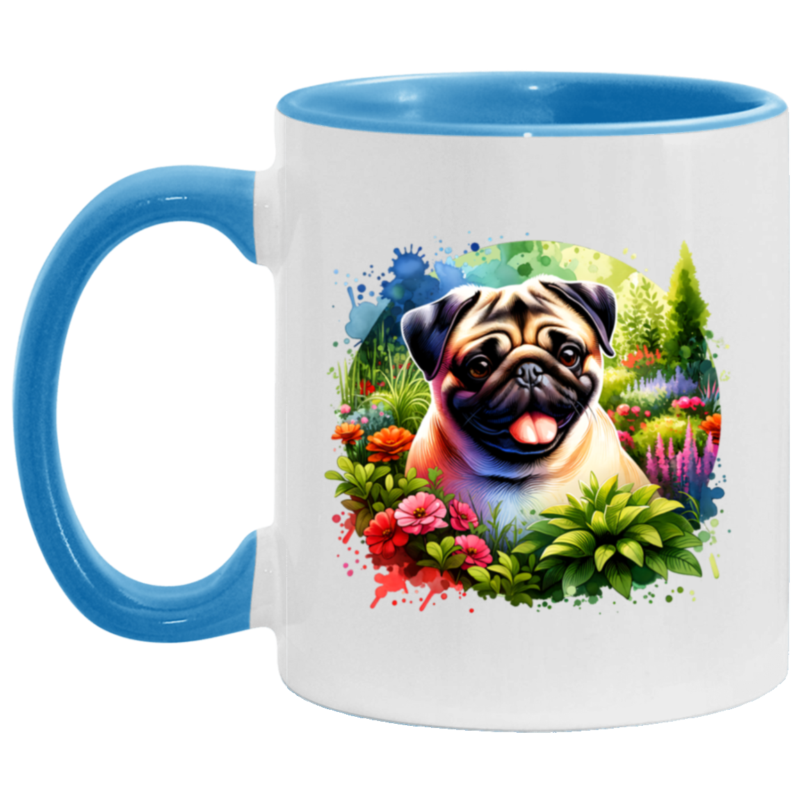 Pug in Garden 11 ounce Accent light Blue