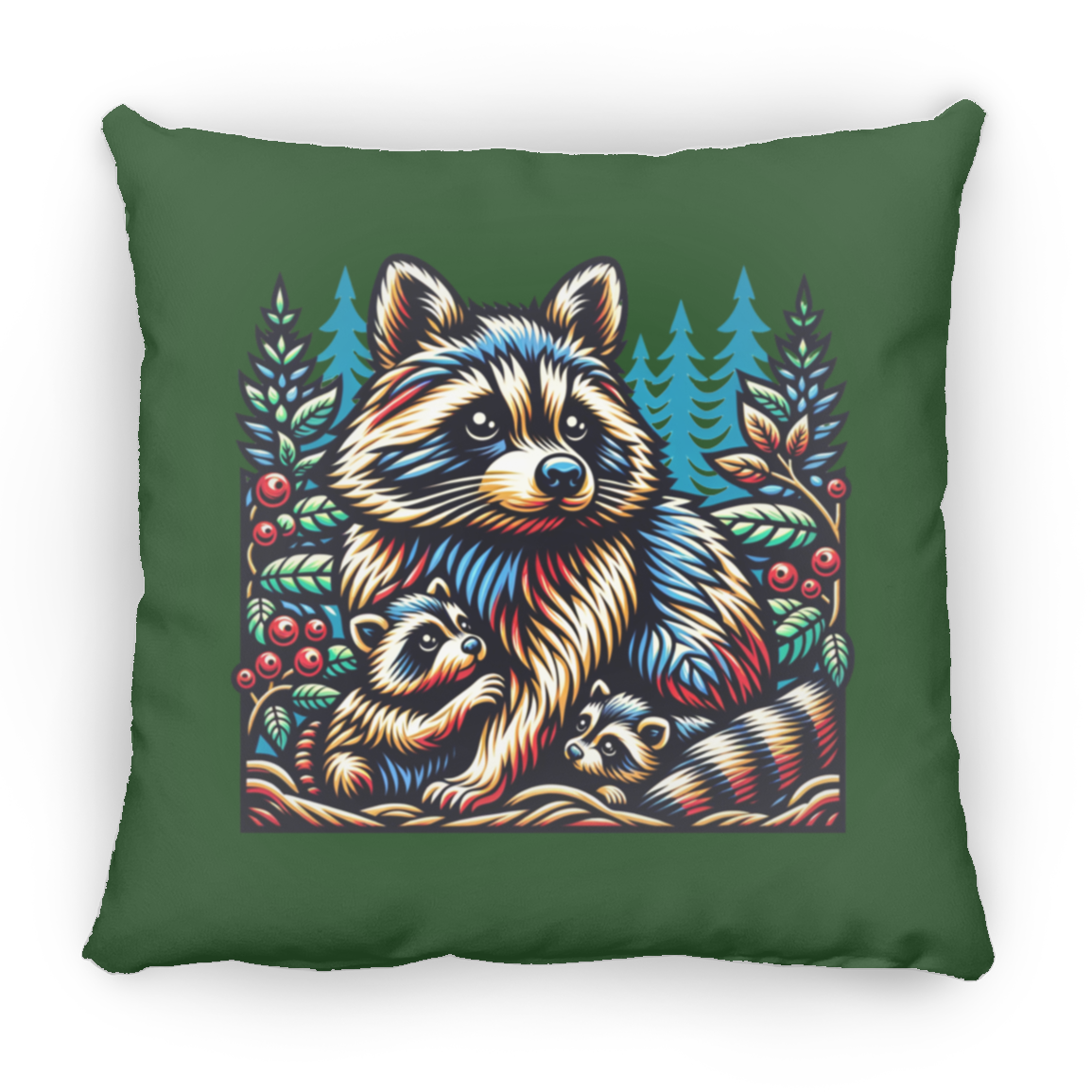 Woodcut Raccoon and Kits - Throw Pillows