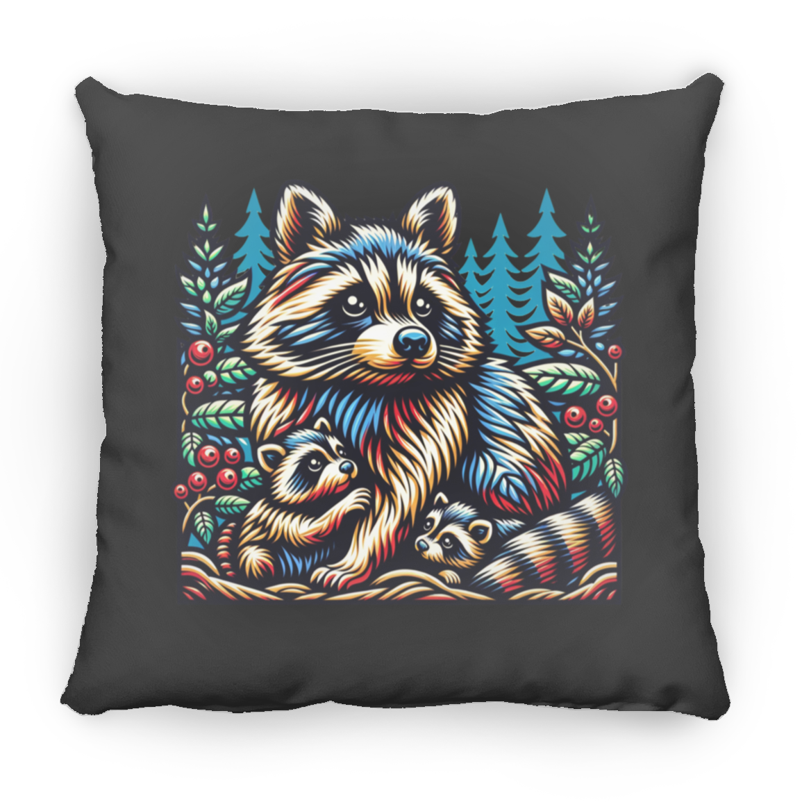 Woodcut Raccoon and Kits - Throw Pillows