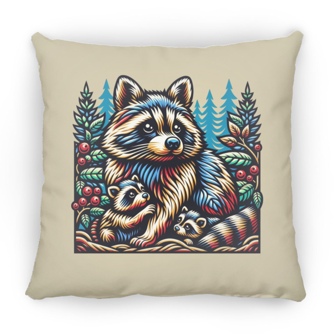 Woodcut Raccoon and Kits - Throw Pillows