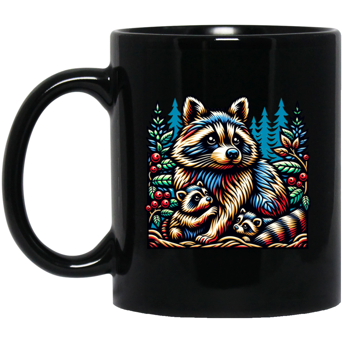 Woodcut Raccoon and Kits Mugs