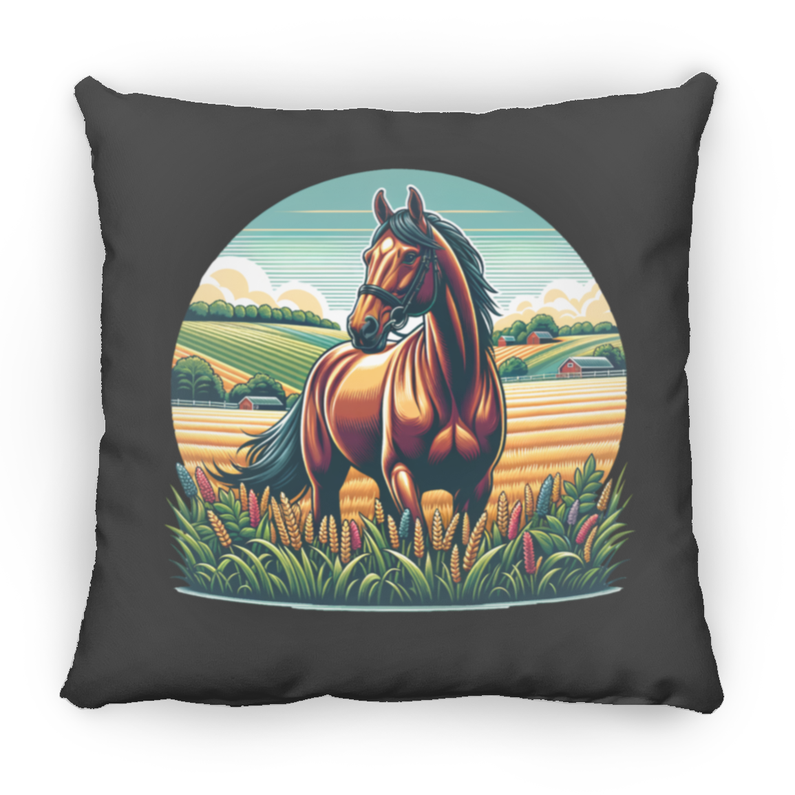 Bay Horse on Farm - Pillows