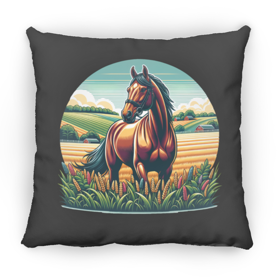 Bay Horse on Farm - Throw Pillows