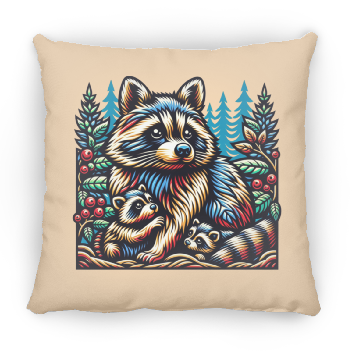Woodcut Raccoon and Kits - Throw Pillows