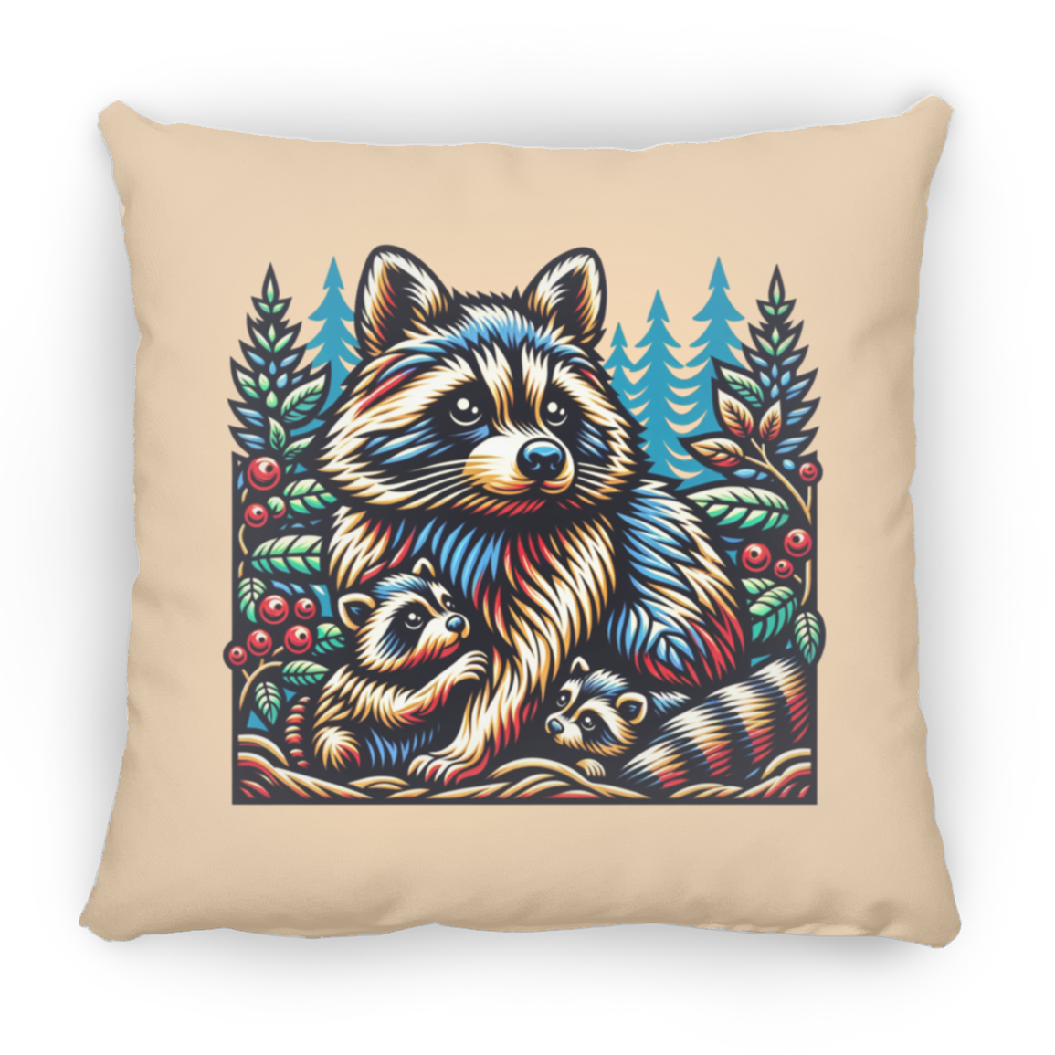 Woodcut Raccoon and Kits - Throw Pillows