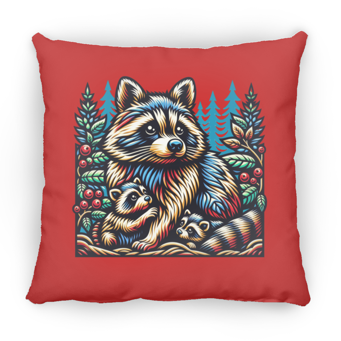 Woodcut Raccoon and Kits - Throw Pillows