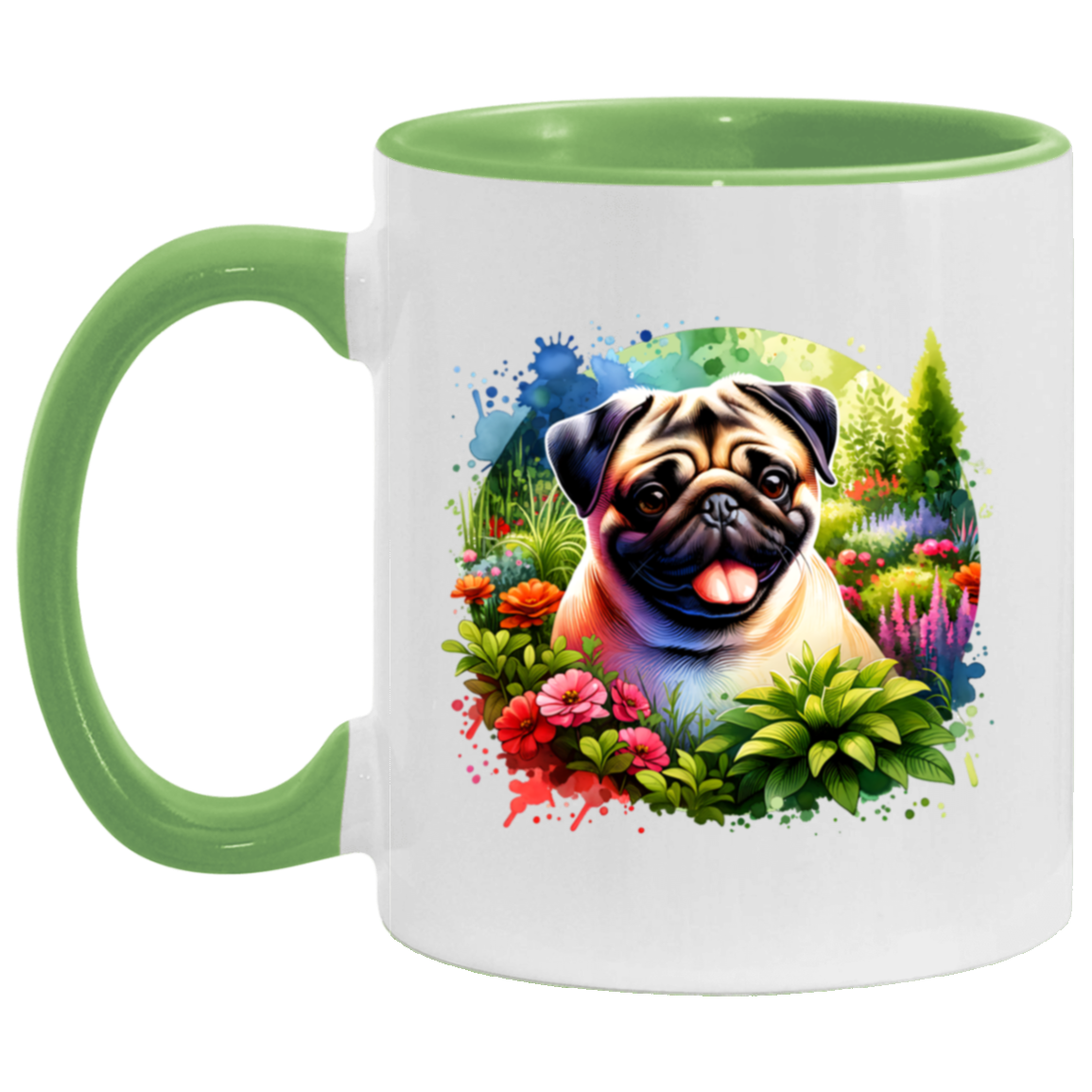 Pug in Garden mug 11 ounce Accent green
