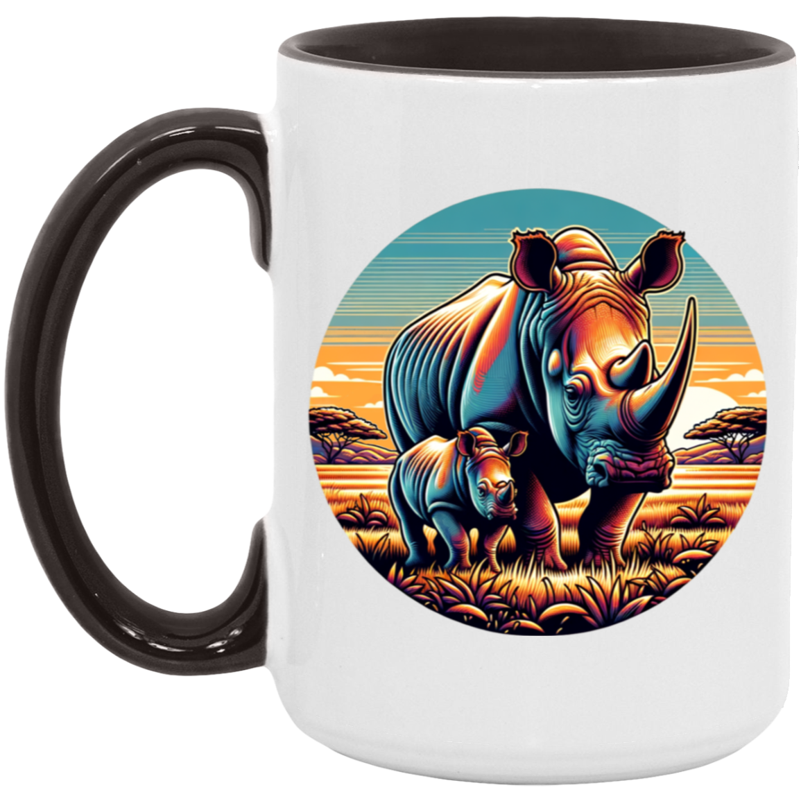 Rhino Mom and Calf Circle Graphic Mugs