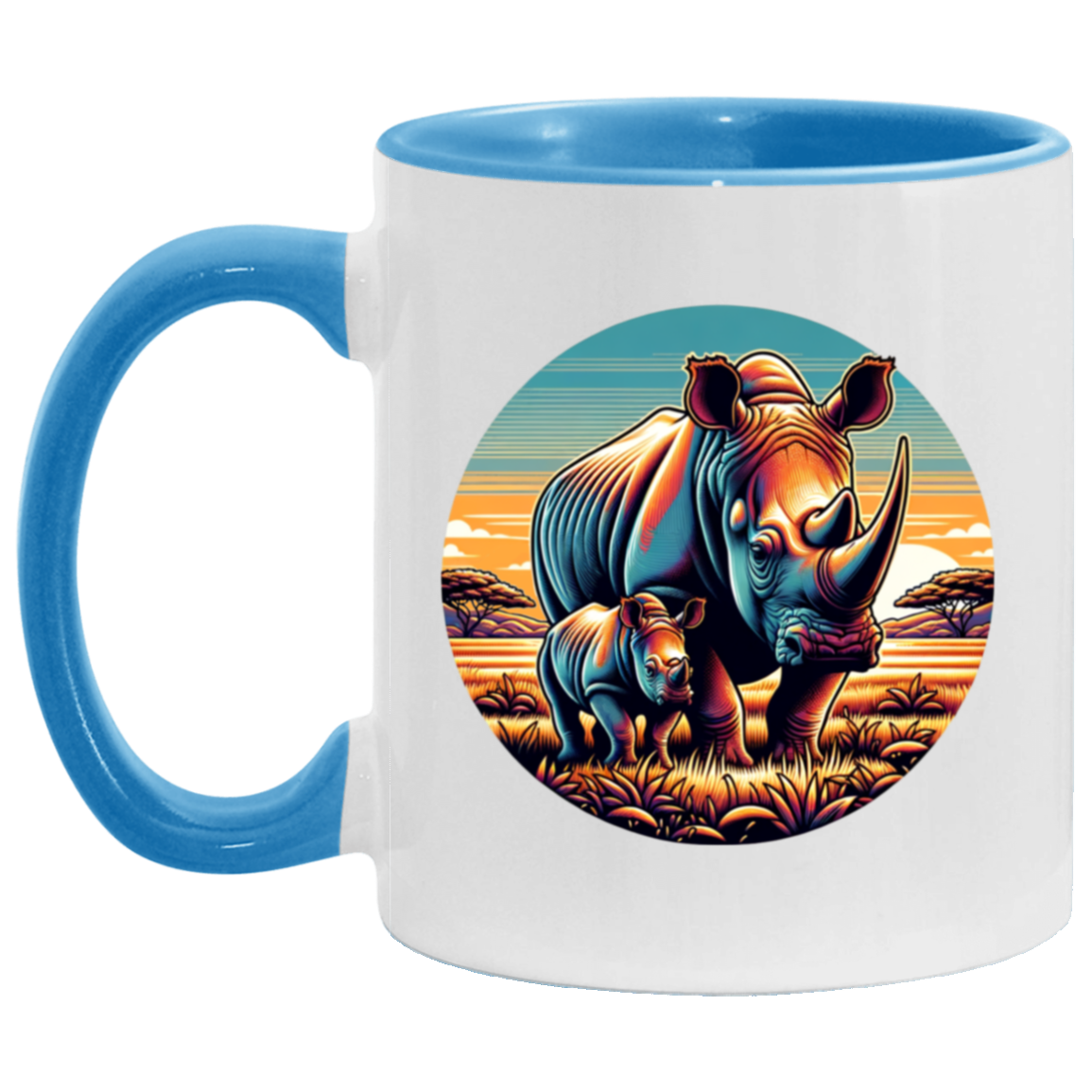 Rhino Mom and Calf Circle Graphic Mugs