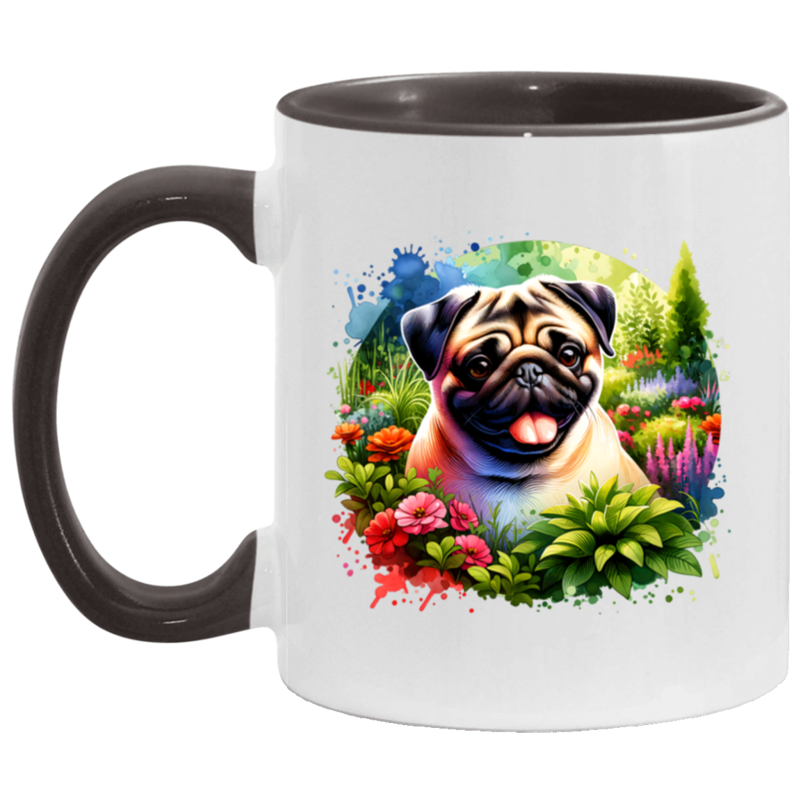 Pug in Garden mug 11 ounce Accent black