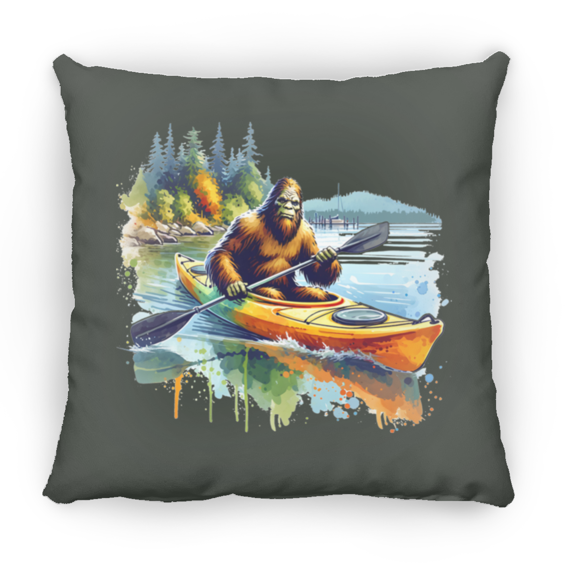 Sasquatch in Kayak Throw Pillows