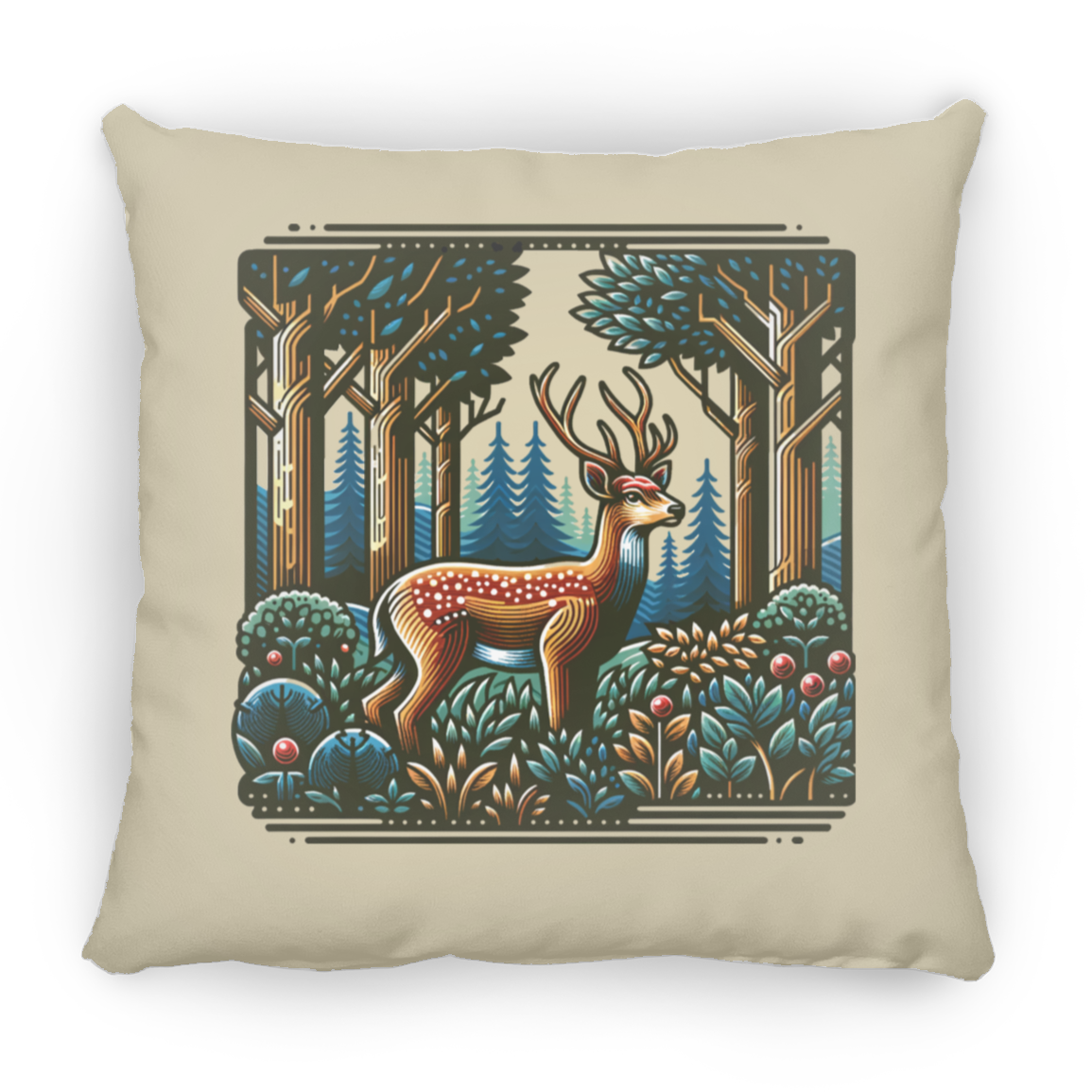 Deer in Forest Block Print - Throw Pillows