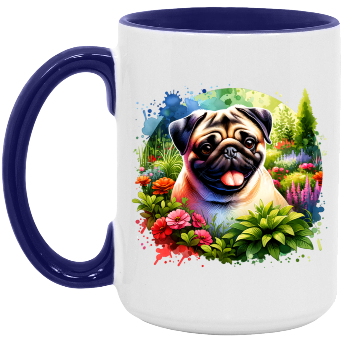 Pug in Garden mug 15 ounce Accent Dark Blue