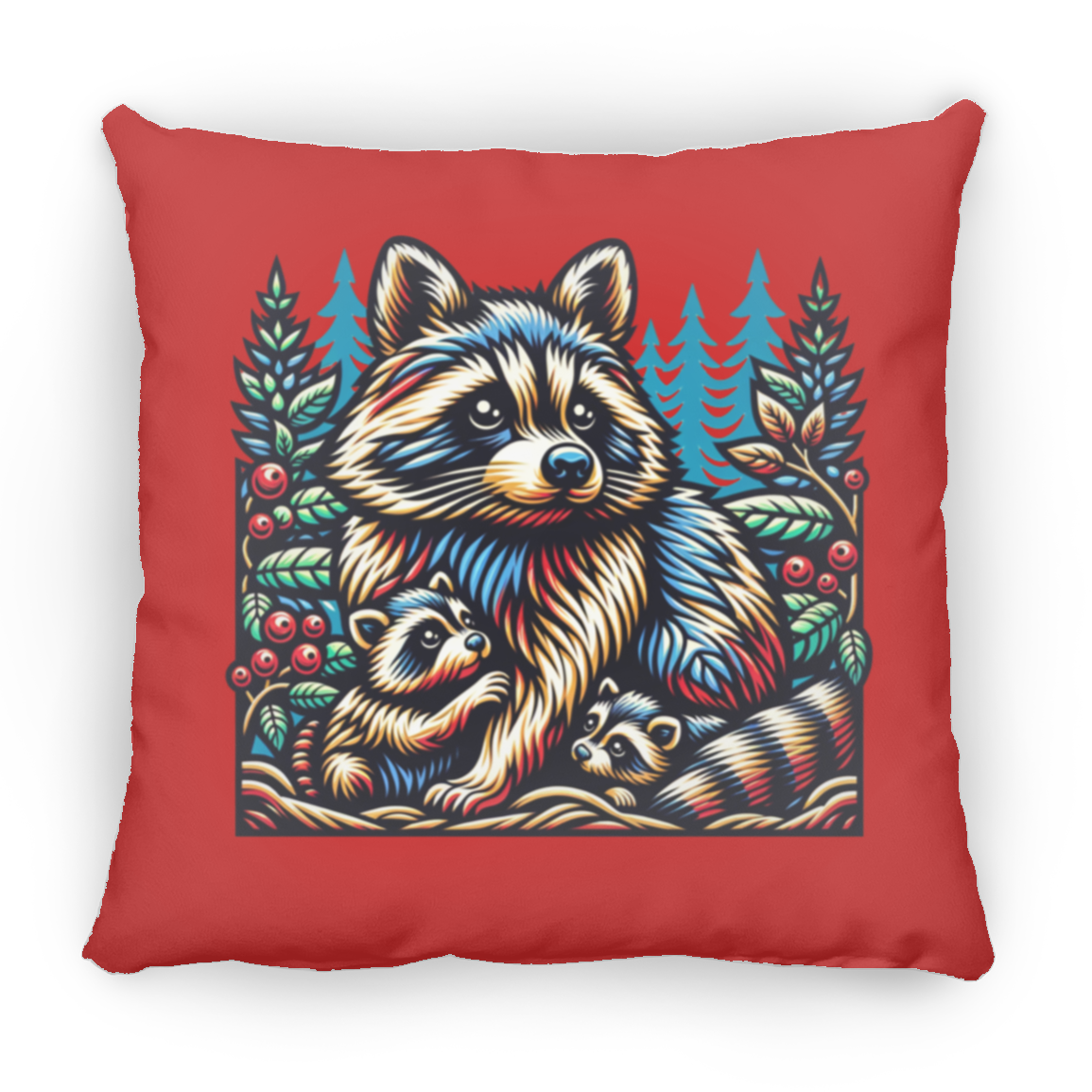 Woodcut Raccoon and Kits - Throw Pillows