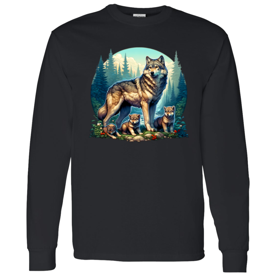 Wolf with 3 Pups long sleeve t-shirt