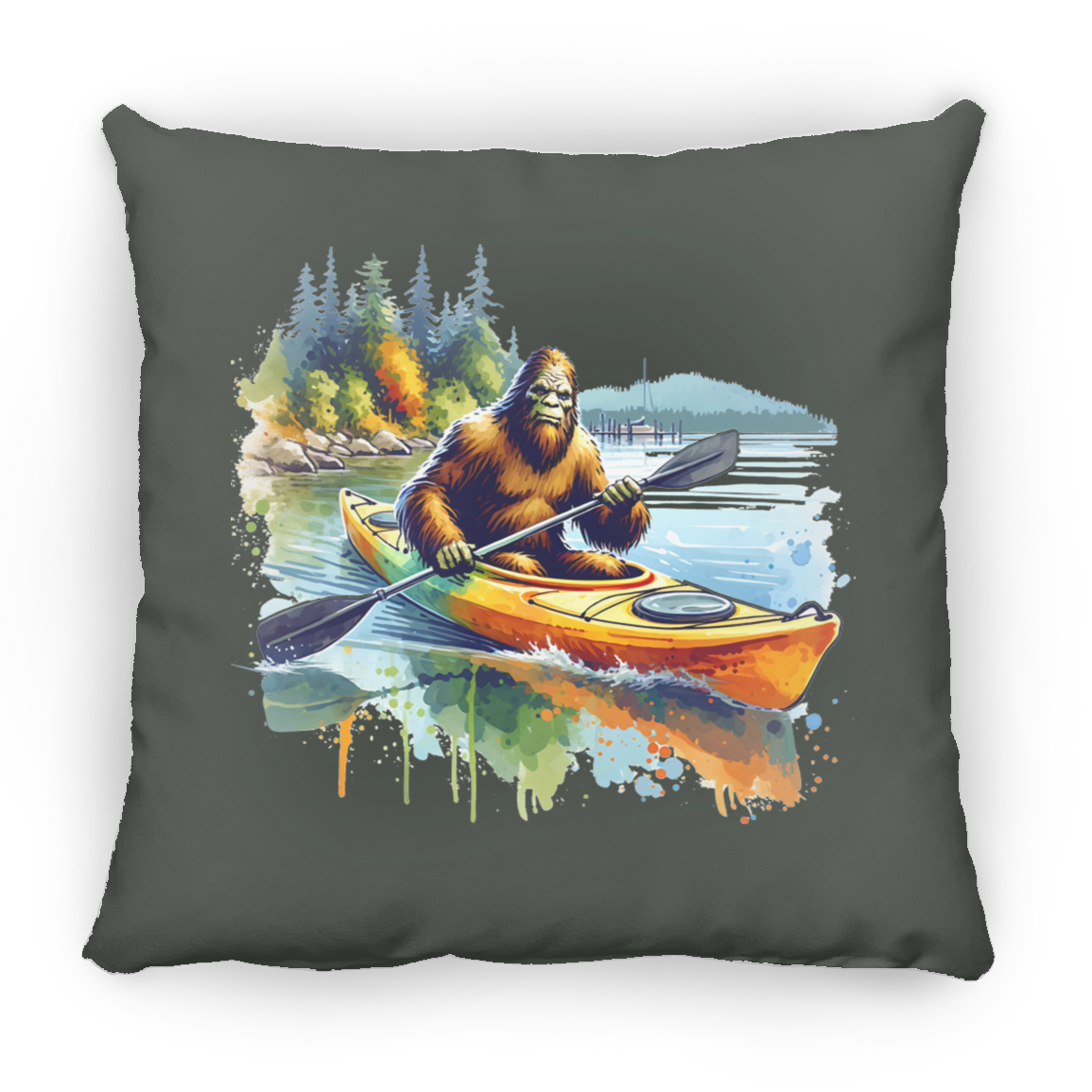 Sasquatch in Kayak Throw Pillows
