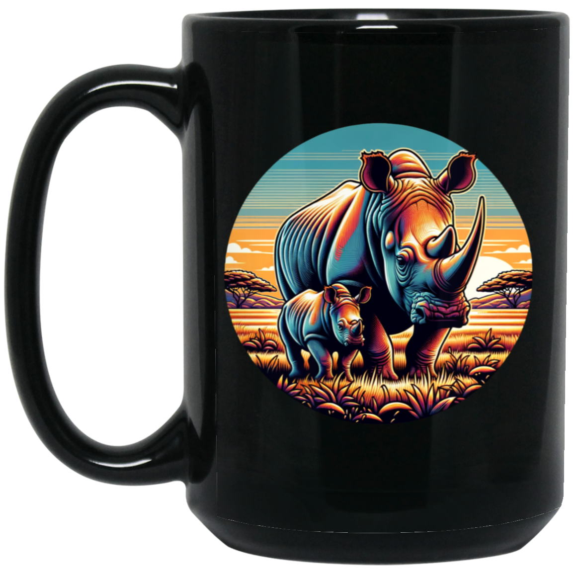 Rhino Mom and Calf Circle Graphic Mugs