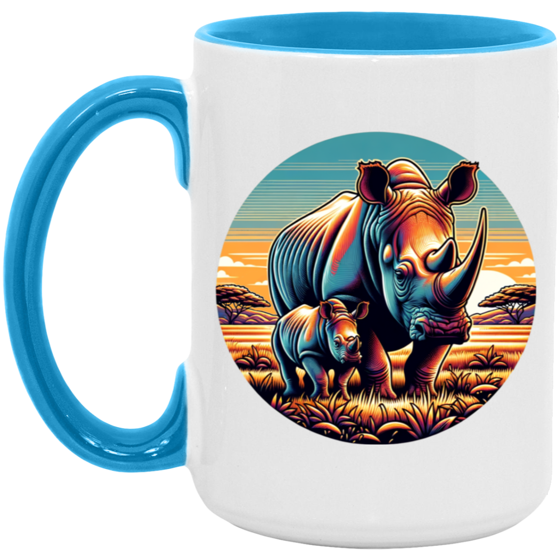 Rhino Mom and Calf Circle Graphic Mugs
