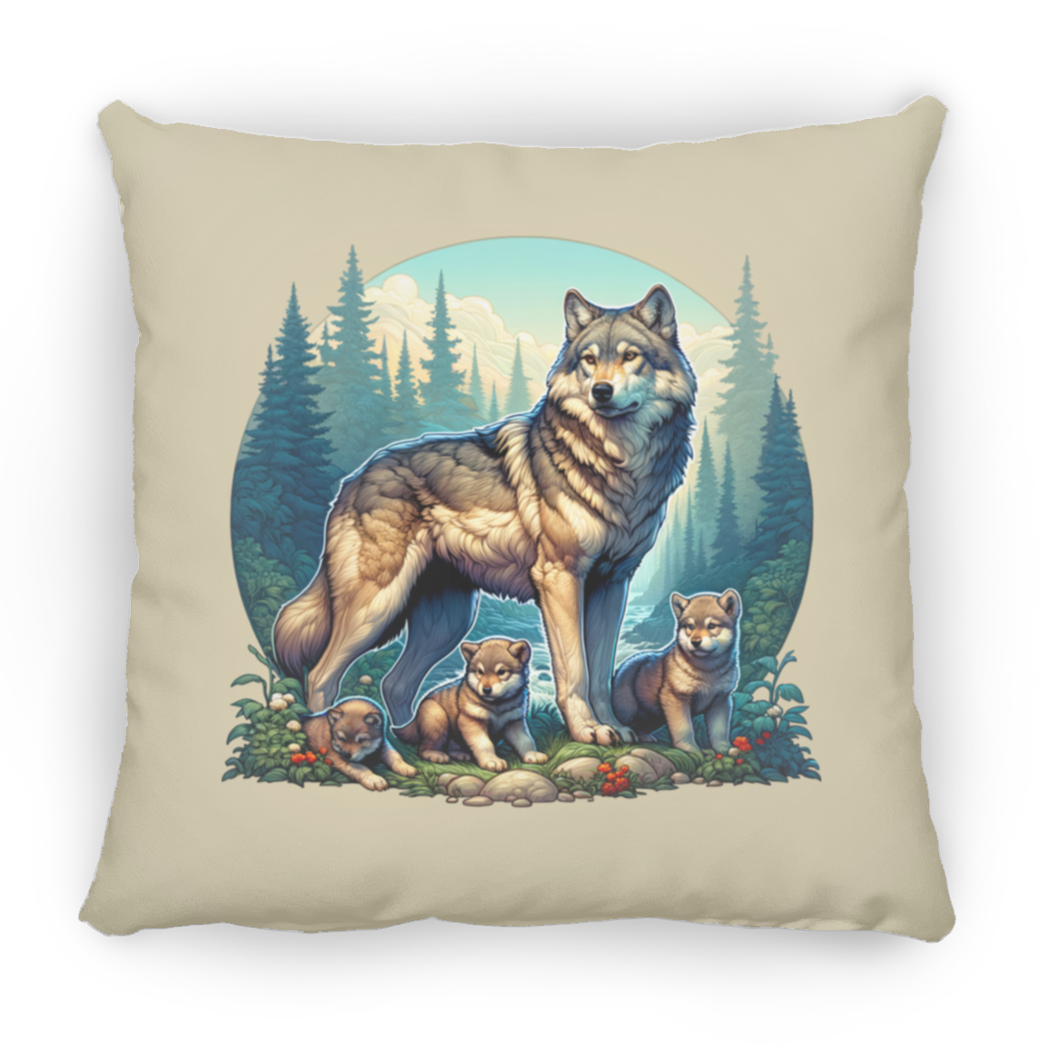 Wolf with 3 Pups - Throw Pillows