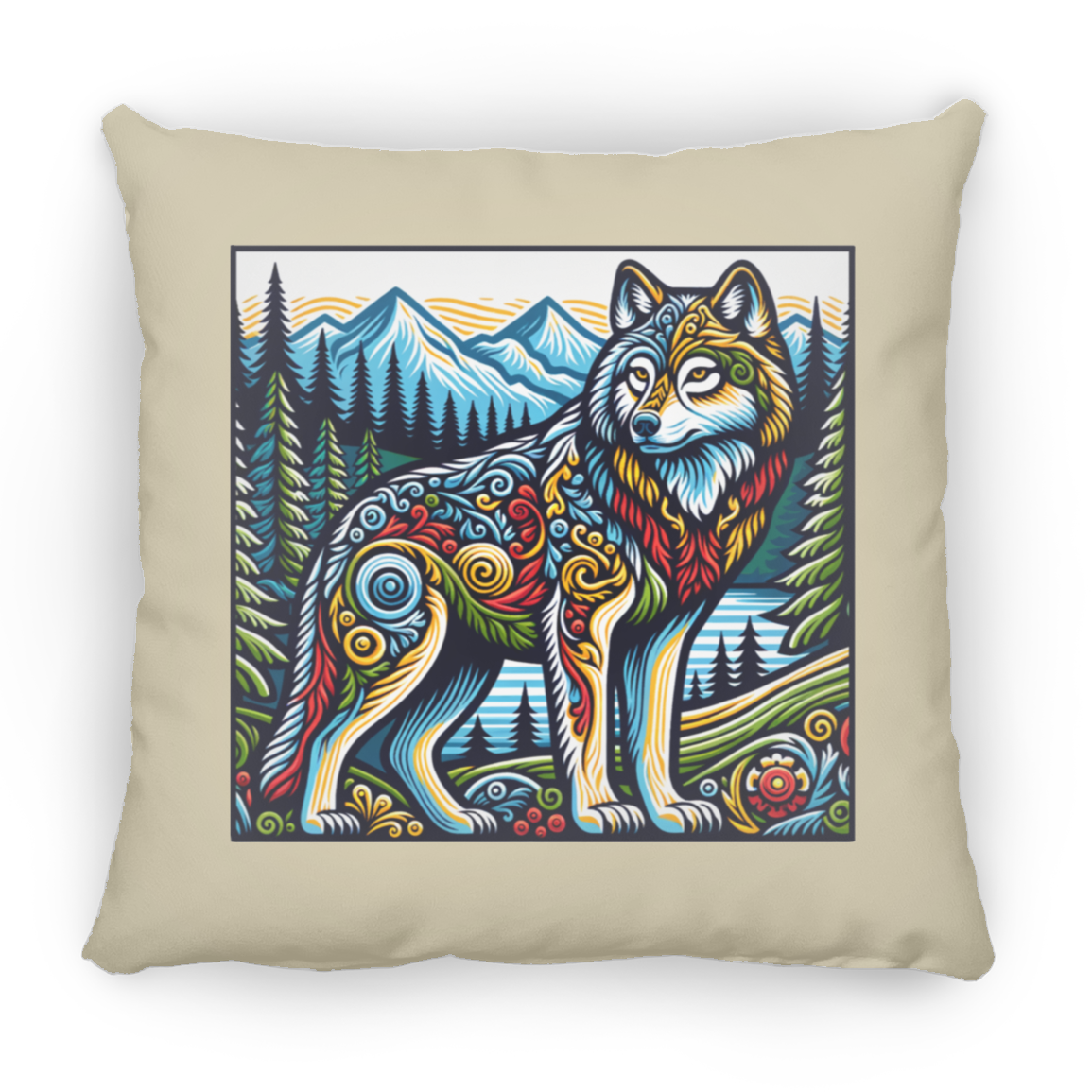 Folk Art Wolf - Throw Pillows