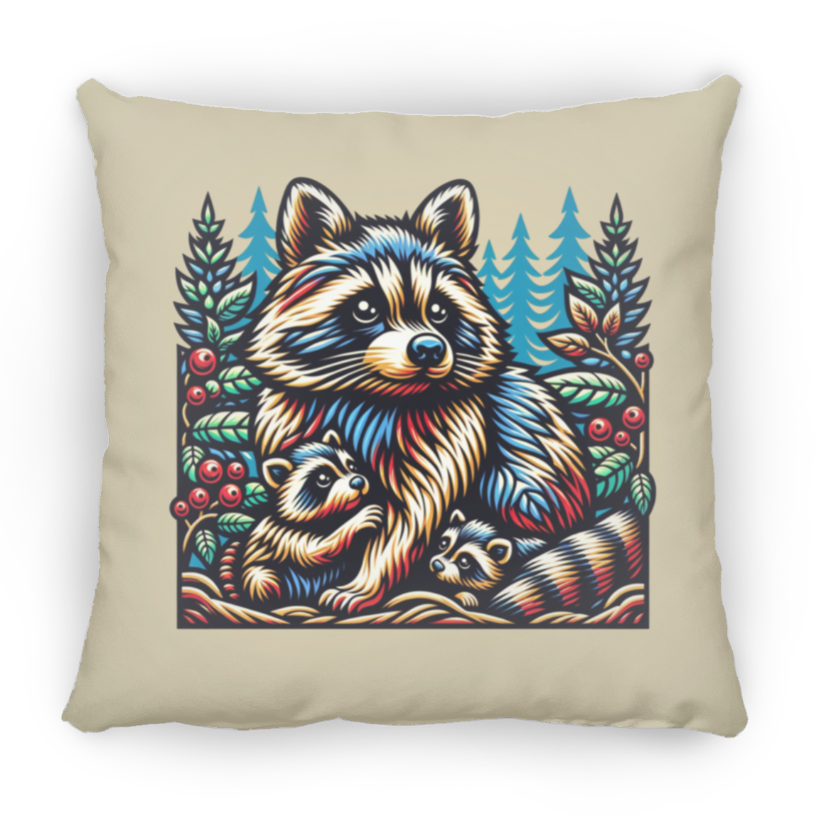Woodcut Raccoon and Kits - Throw Pillows