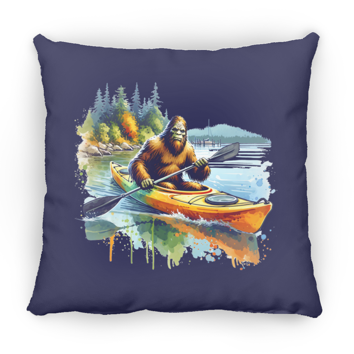 Sasquatch in Kayak Throw Pillows