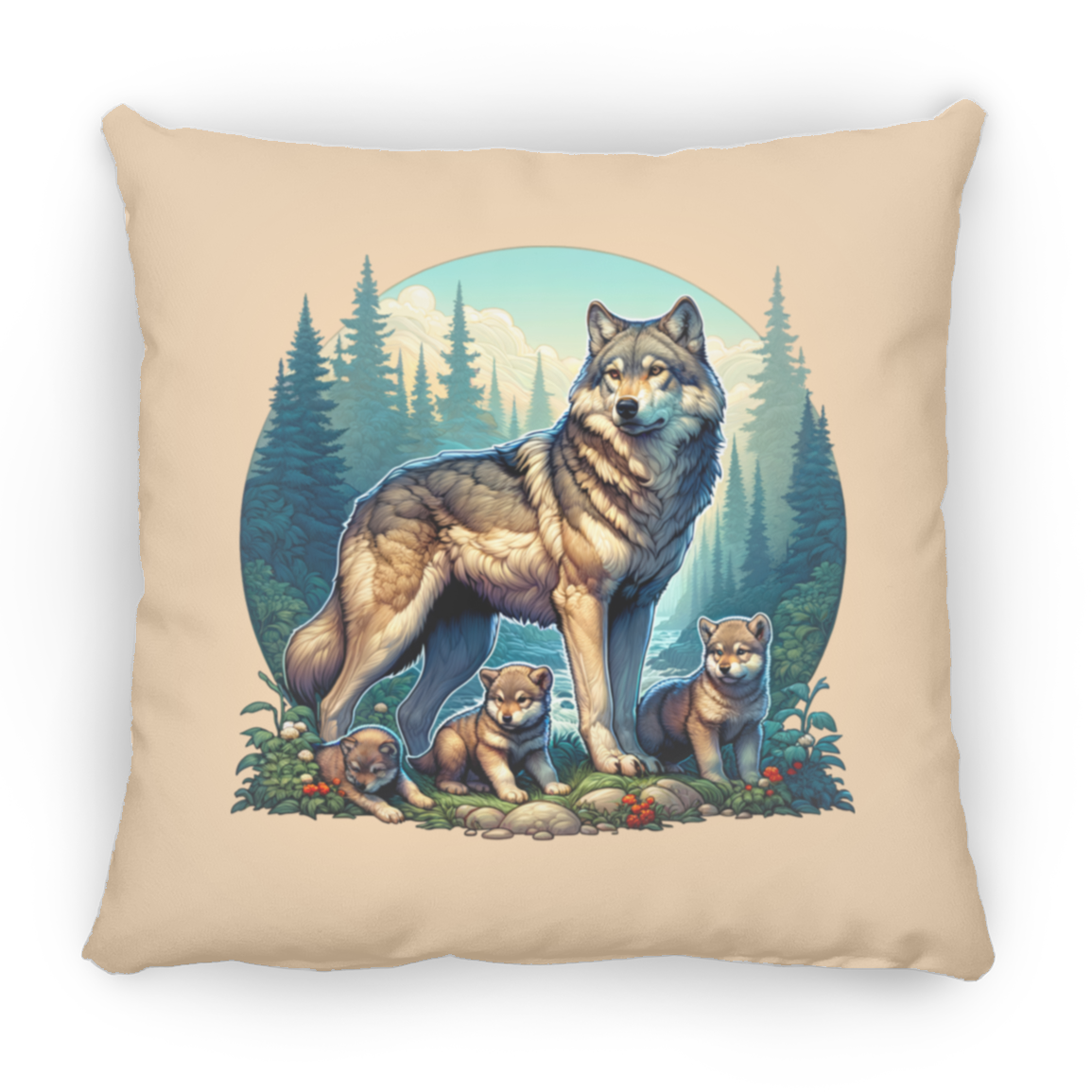 Wolf with 3 Pups - Throw Pillows