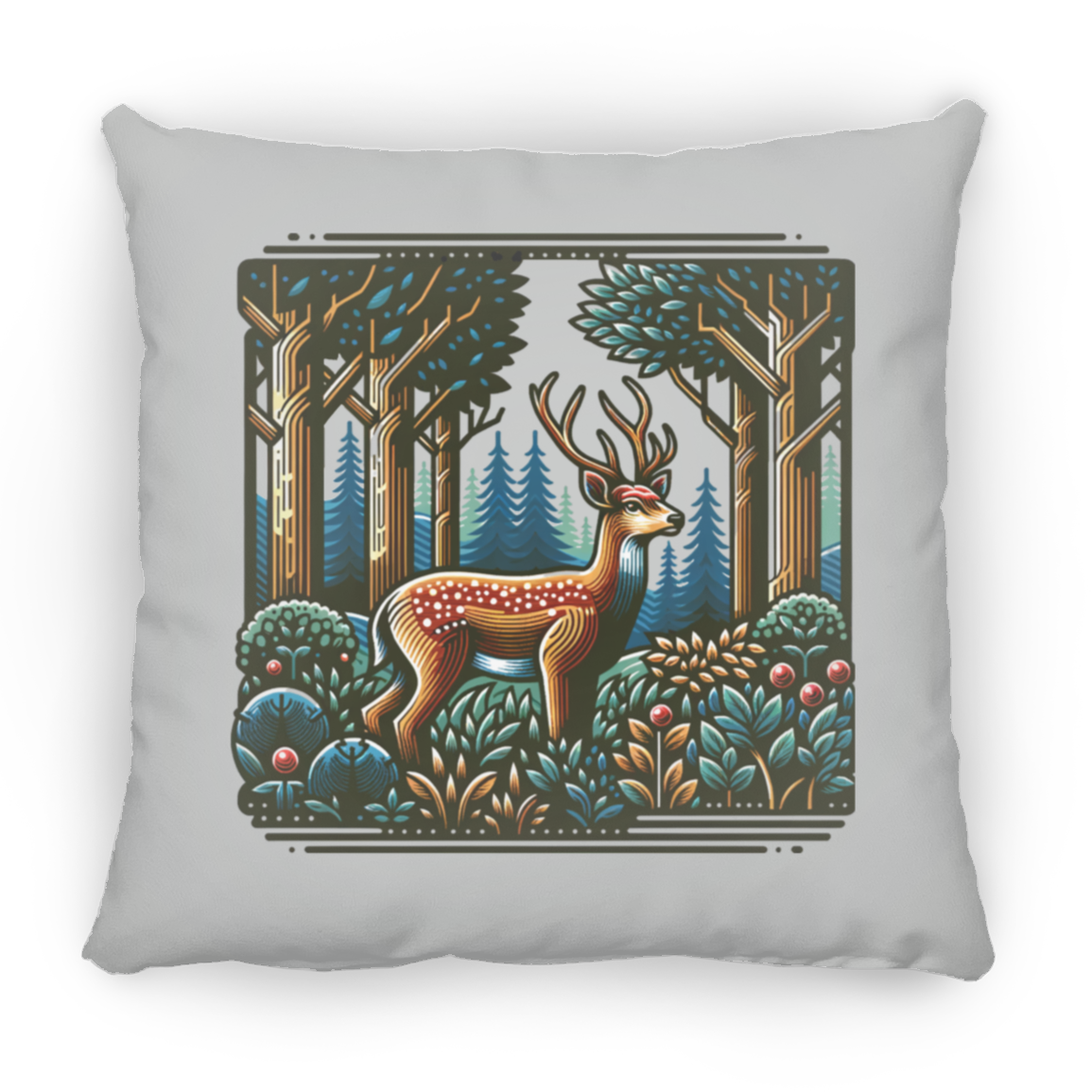 Deer in Forest Block Print - Throw Pillows