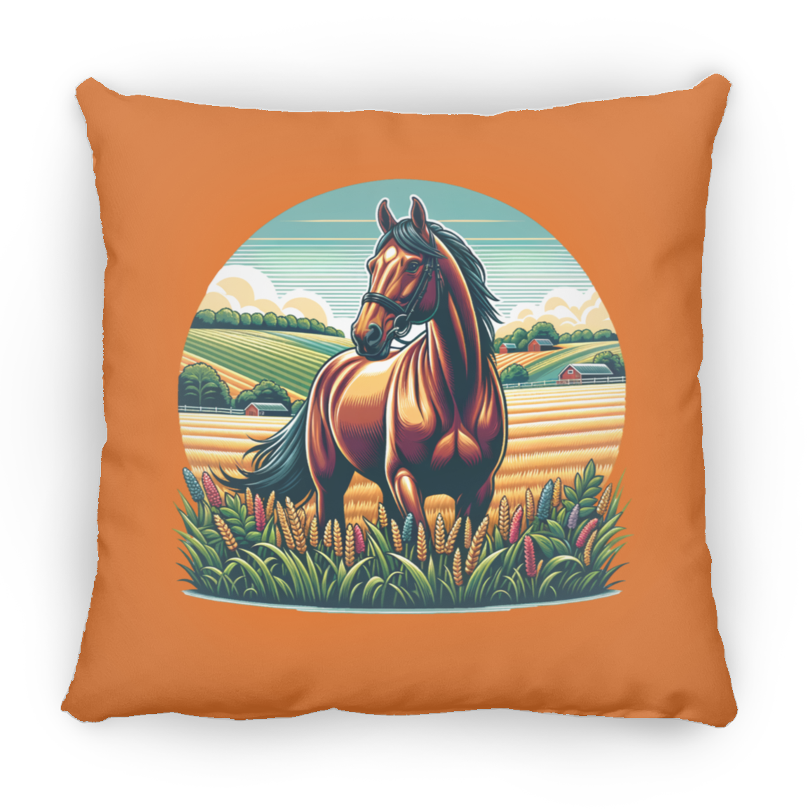 Bay Horse on Farm - Throw Pillows