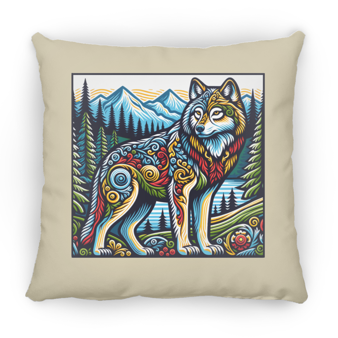 Folk Art Wolf - Throw Pillows