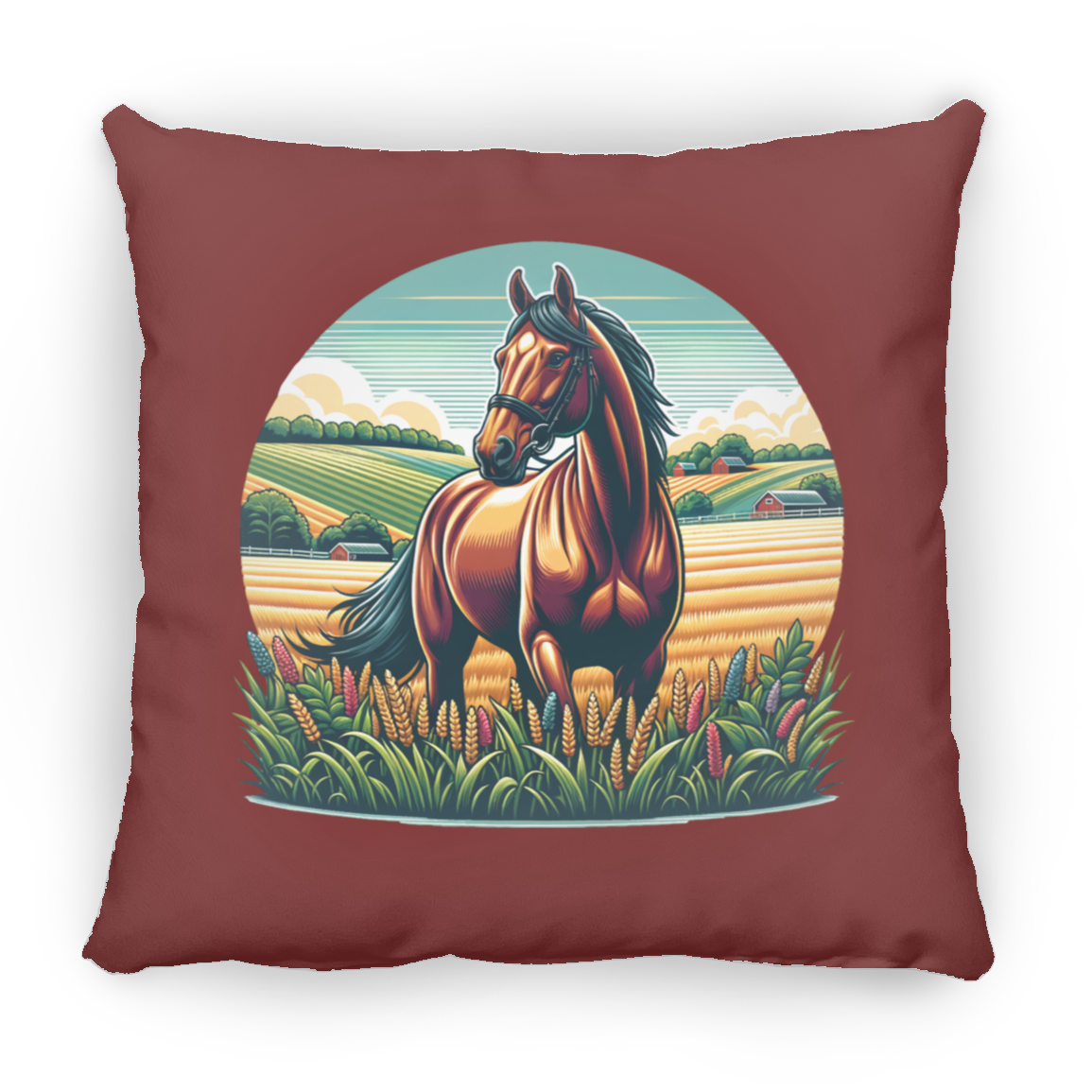Bay Horse on Farm - Throw Pillows