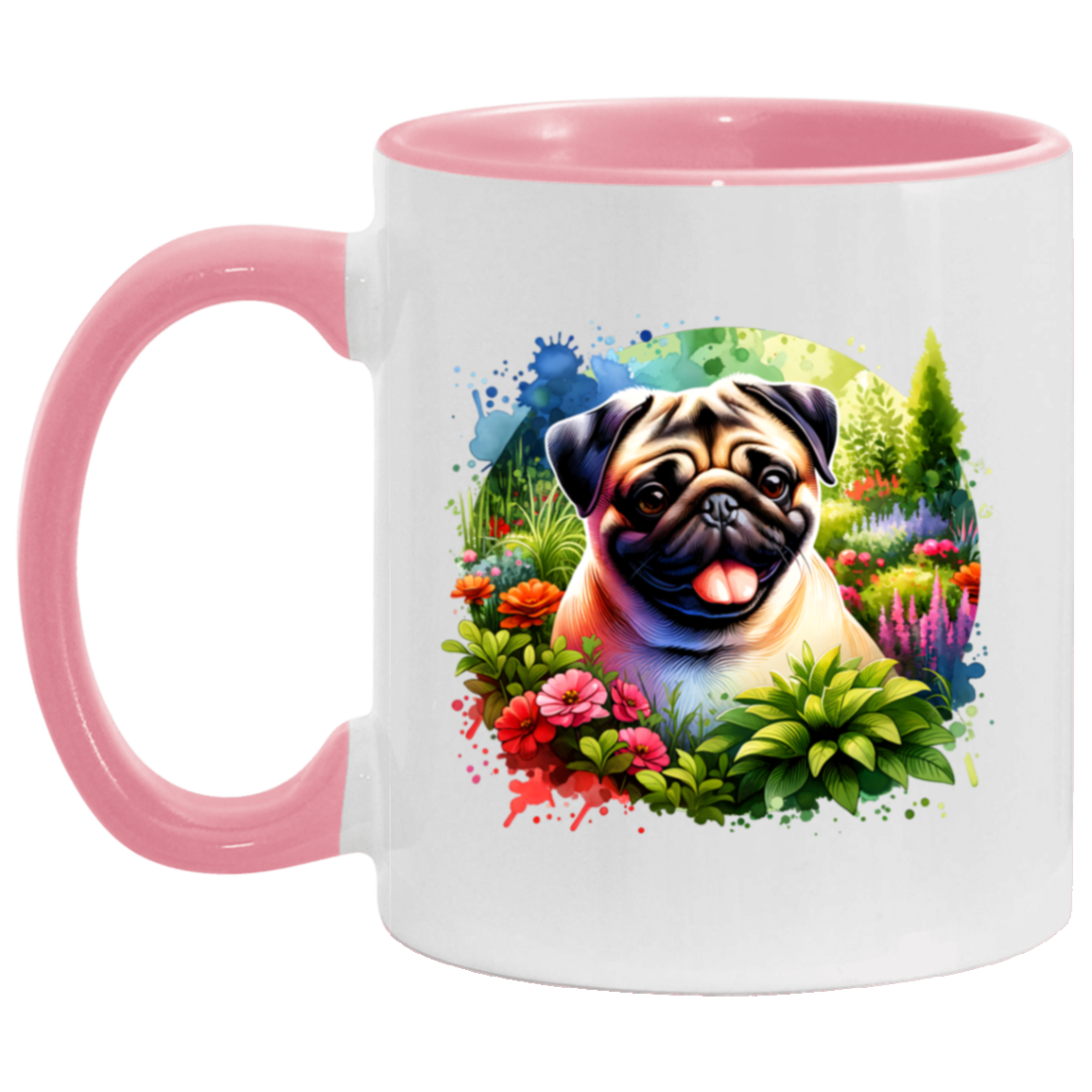 Pug in Garden mug 11 ounce Accent pink