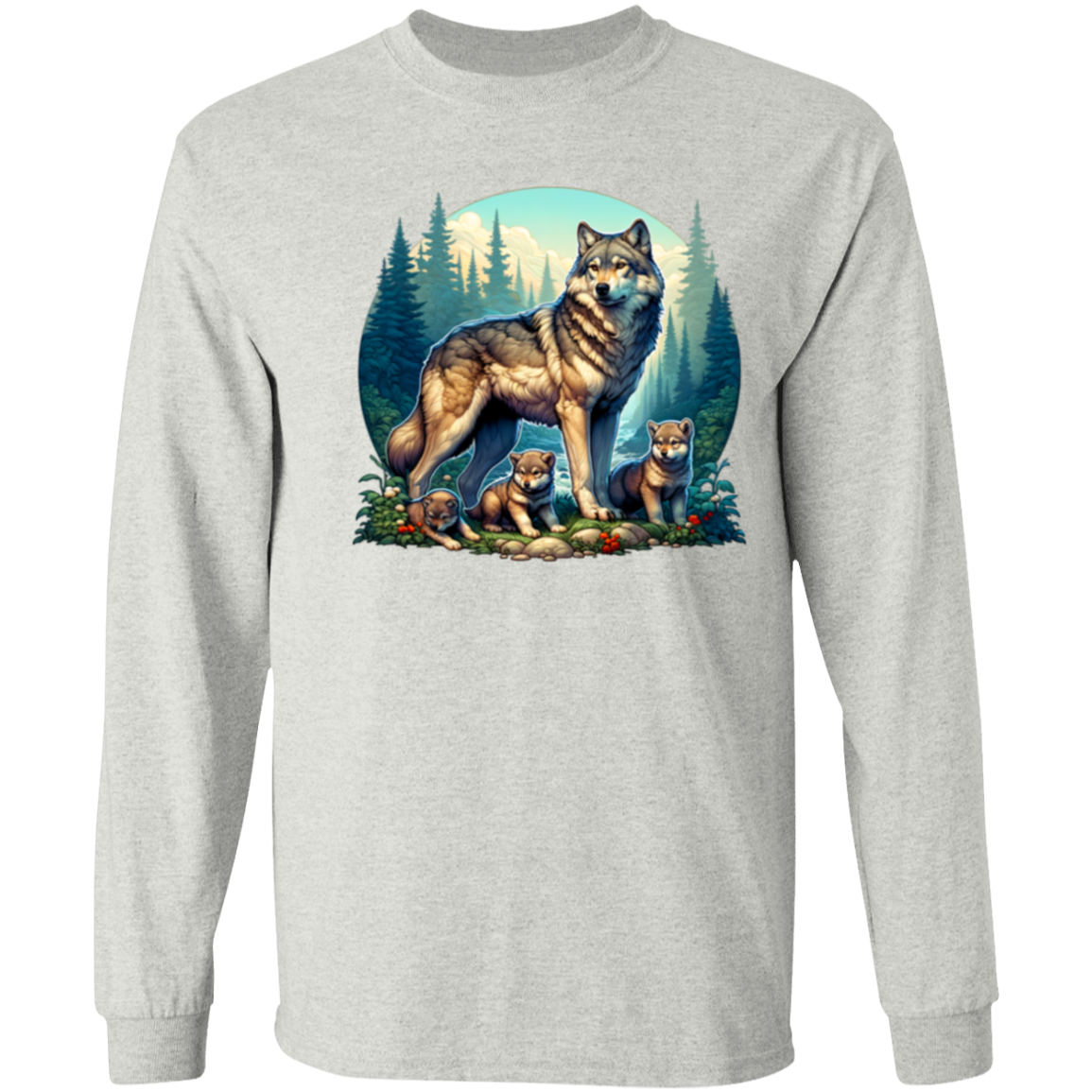 Wolf with 3 Pups long sleeve t-shirt