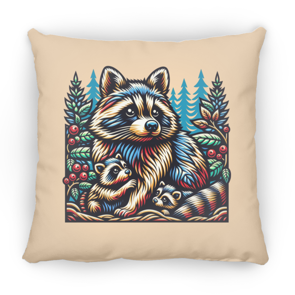 Woodcut Raccoon and Kits - Throw Pillows