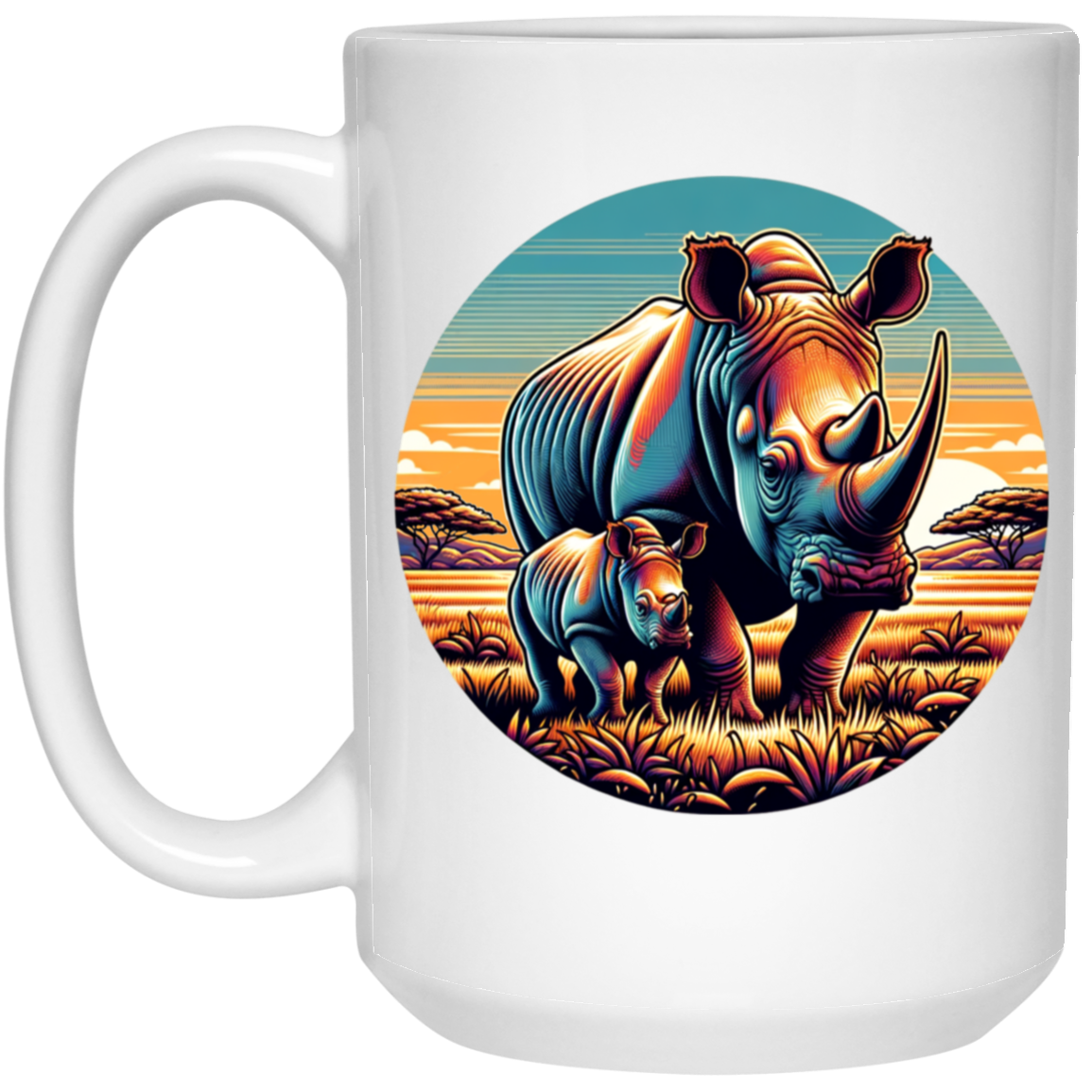 Rhino Mom and Calf Circle Graphic Mugs