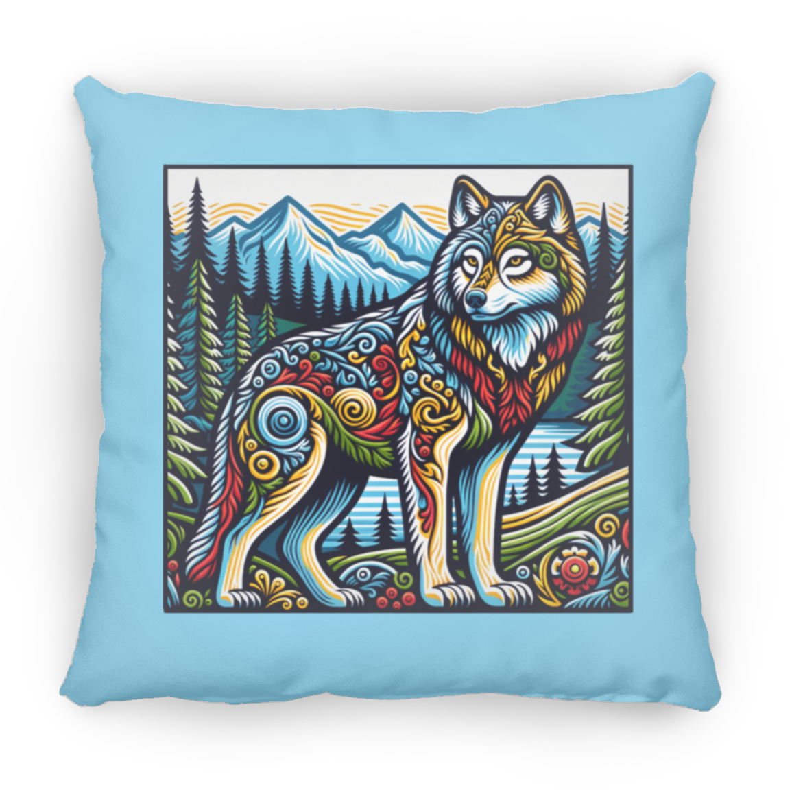 Folk Art Wolf - Throw Pillows