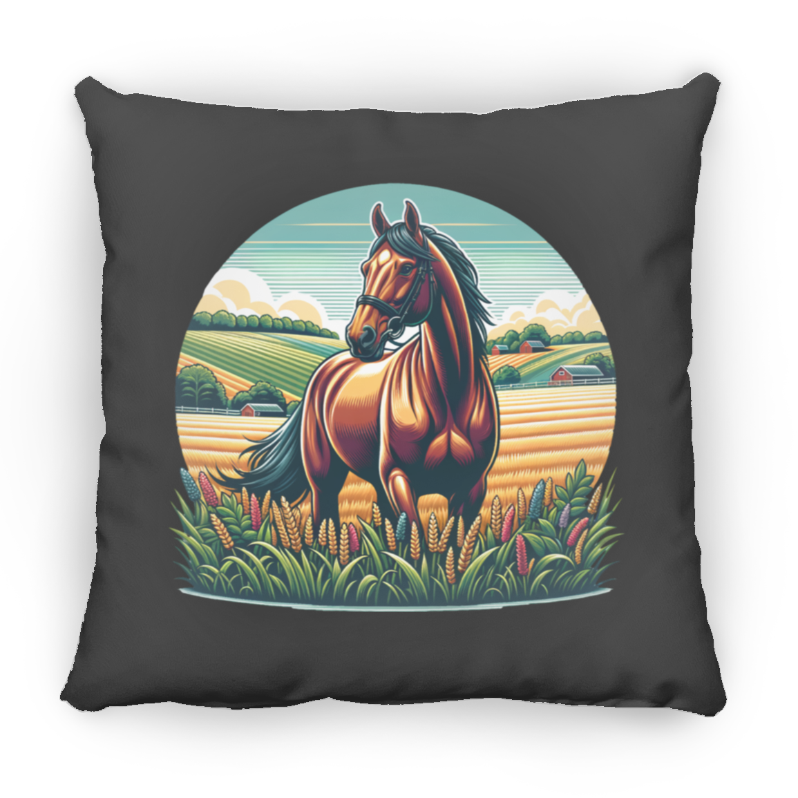 Bay Horse on Farm - Throw Pillows