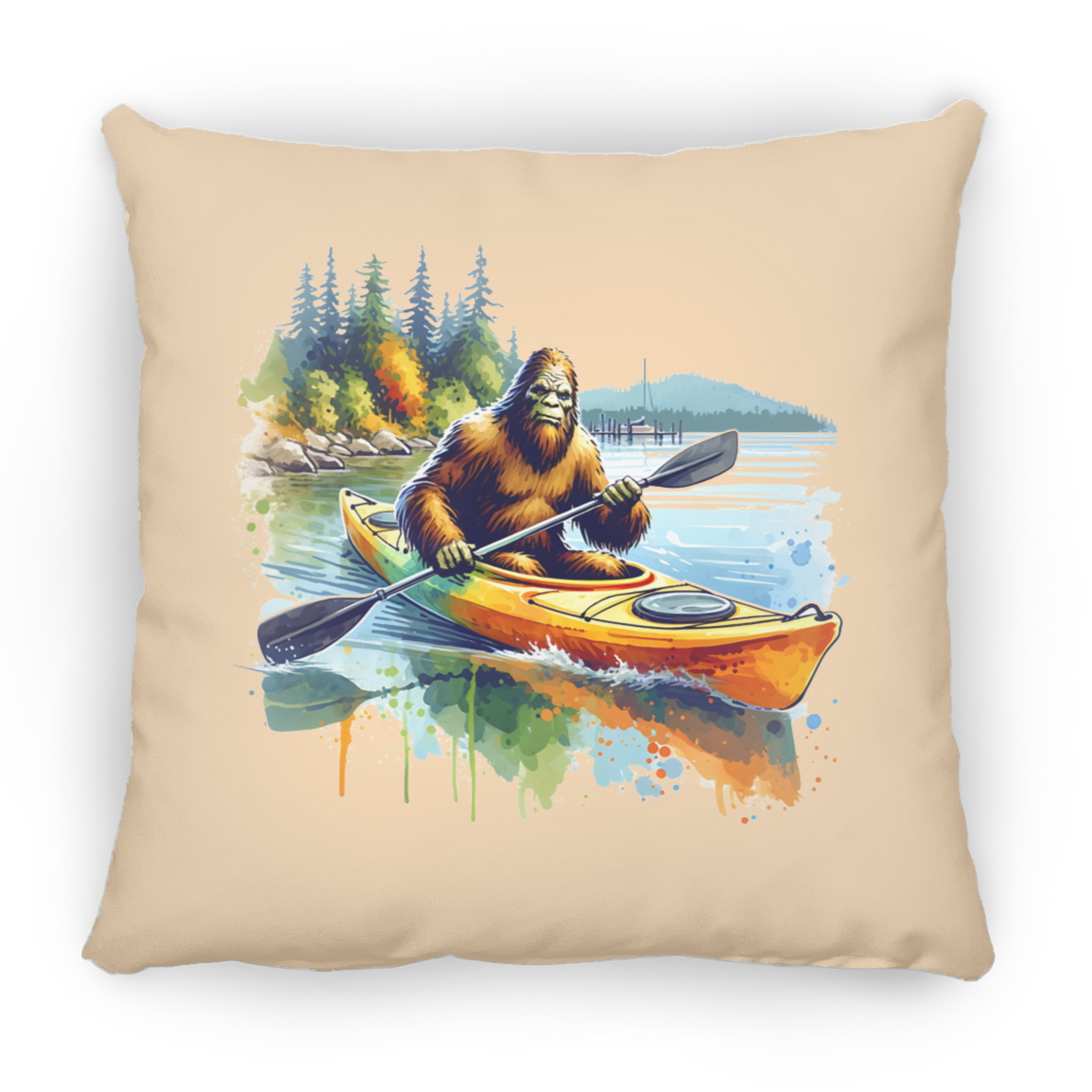 Sasquatch in Kayak Throw Pillows
