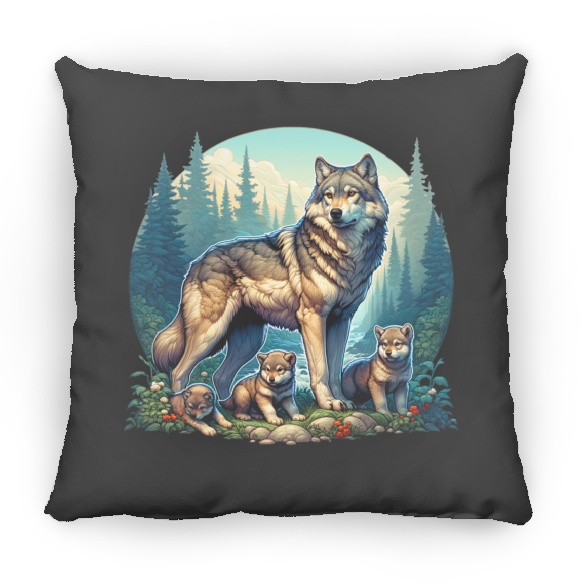 Wolf with 3 Pups - Throw Pillows
